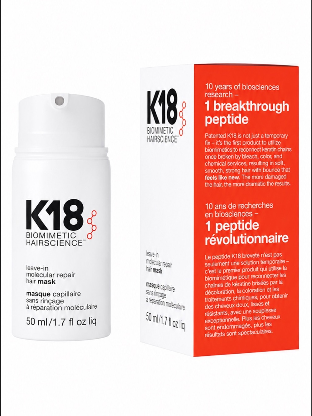 K18 Biomimetic Hairscience Leave-In Repair Mask - White & Red